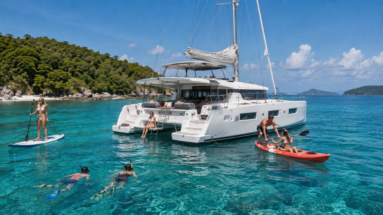 Guests using paddleboard, kayak and snorkeling gear from the stern of a catamaran