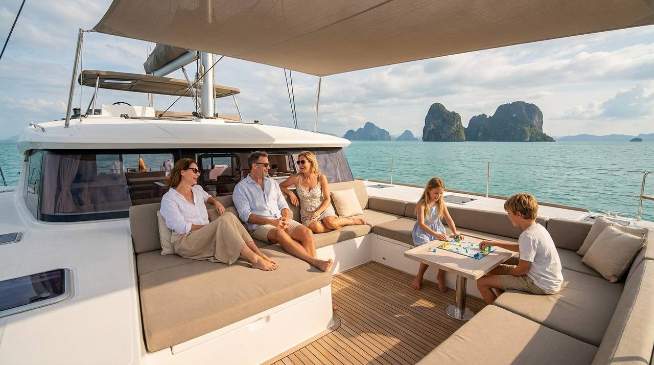 Family relaxing in the shaded cockpit of a sailing catamaran near Phuket
