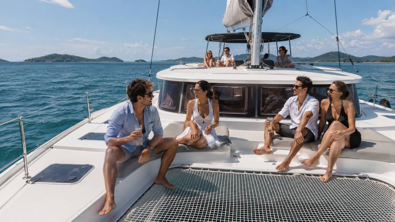 Group of friends enjoying the bow and flybridge of a private catamaran in Phuket