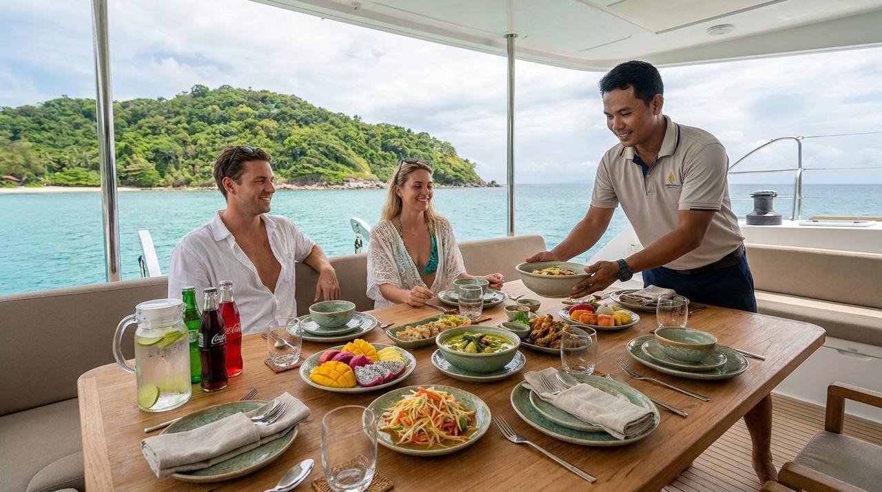 Crew member serving a fresh Thai lunch on board a private yacht charter in Phuket