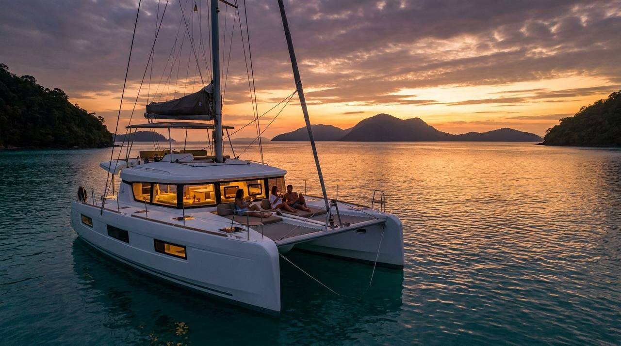 Catamaran at anchor at sunset with warm cabin lights, overnight charter near Phuket