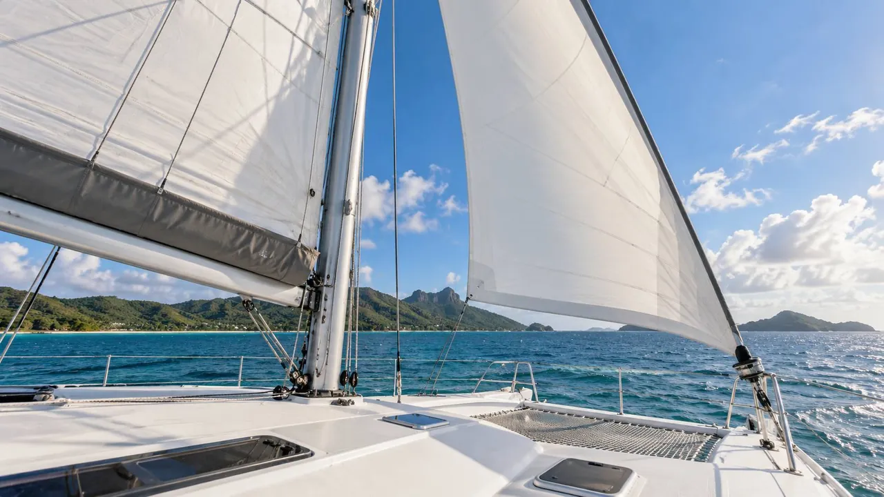 View from the foredeck of a catamaran under sail: mainsail and jib filled with wind, tropical islands ahead