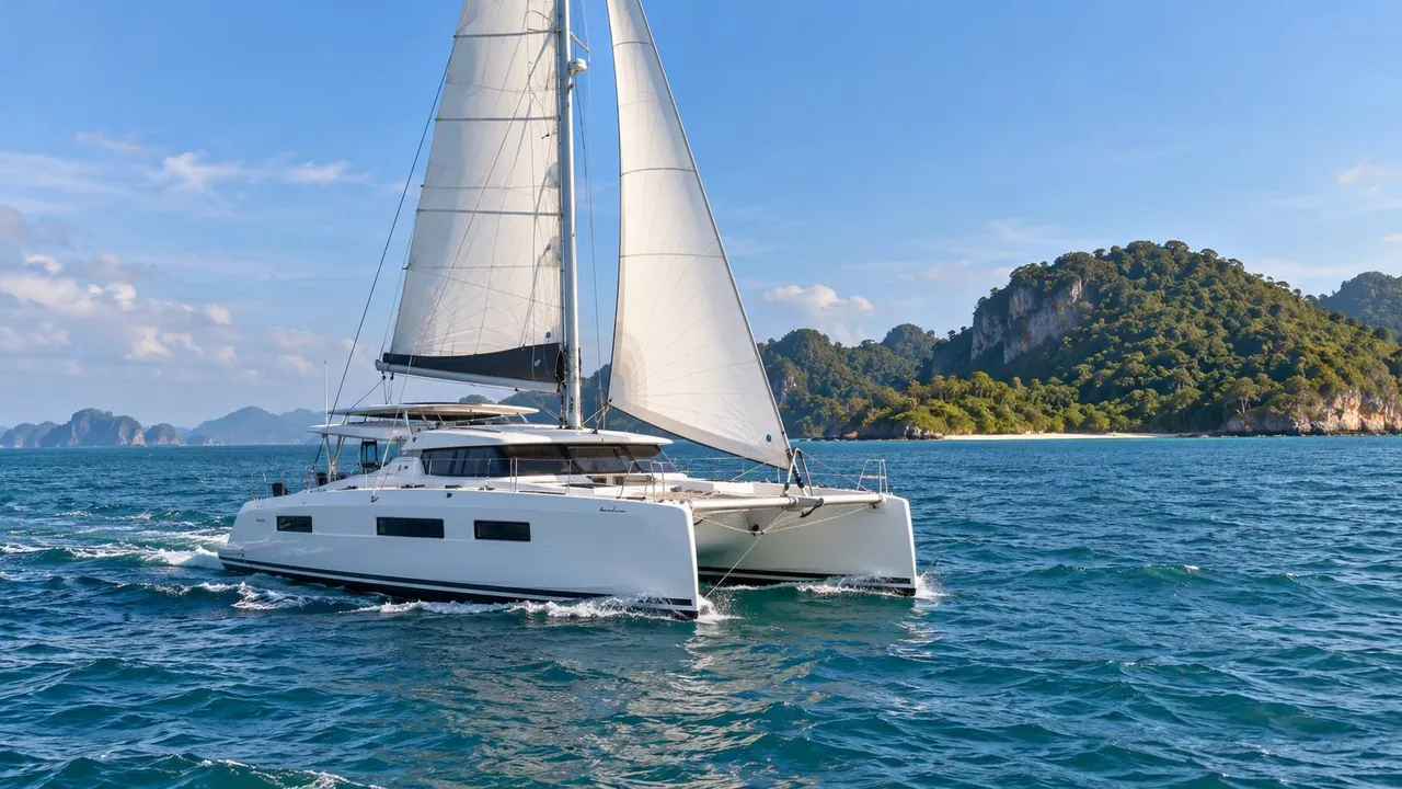Sailing catamaran under full sail on blue water past a forested island near Phuket