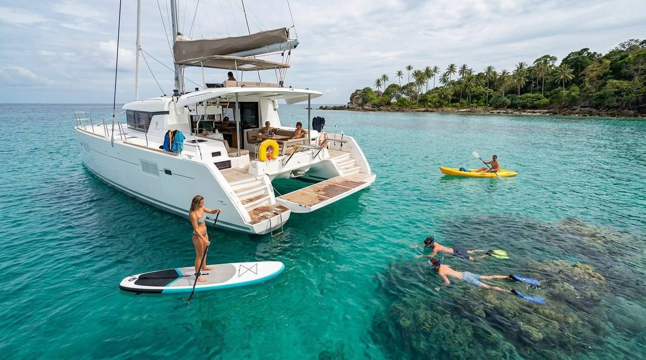 Guests snorkeling and paddleboarding from the stern of a catamaran near Phuket