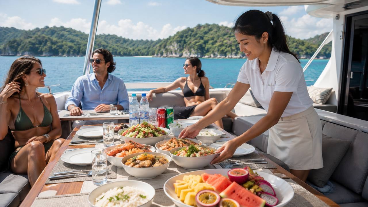 Hostess serving fresh fruit to guests on a private yacht in Phuket