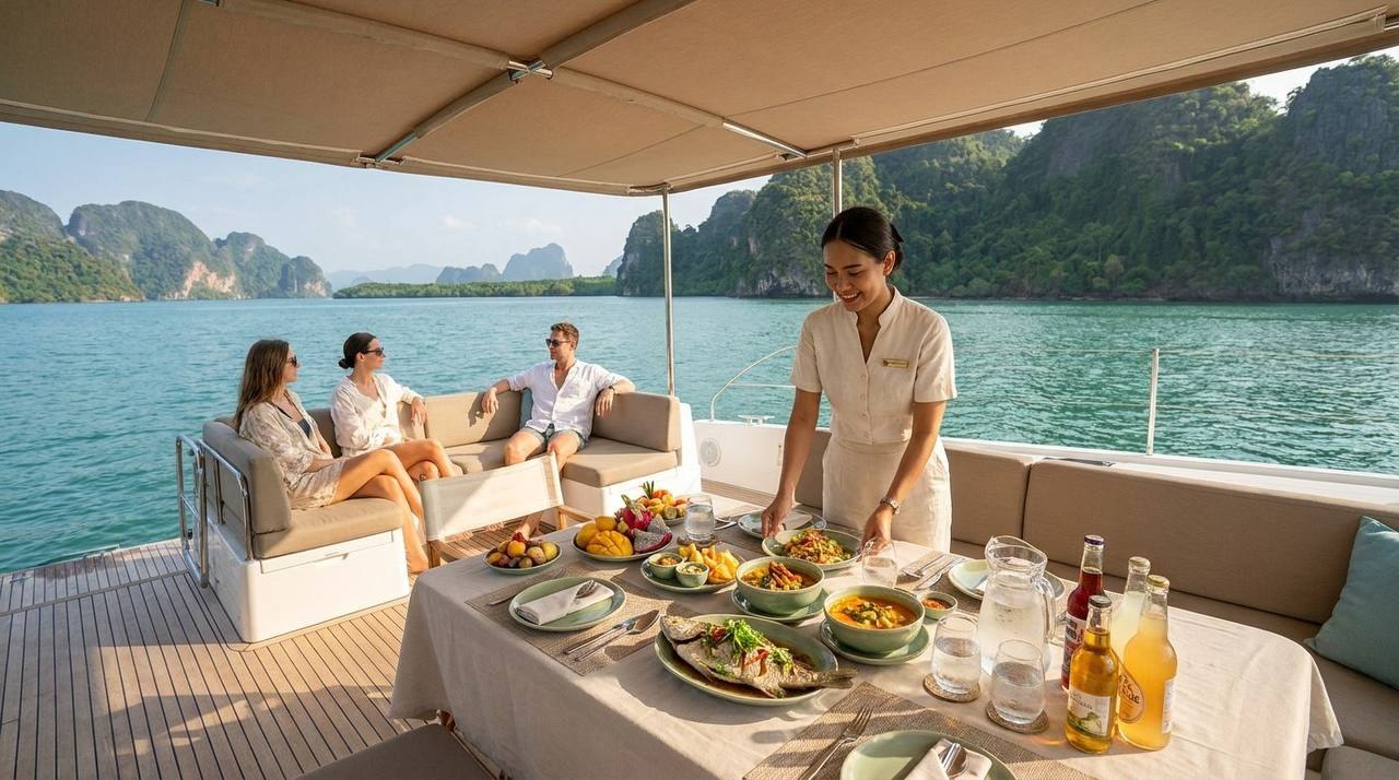 Thai lunch served on the aft deck of a private charter yacht