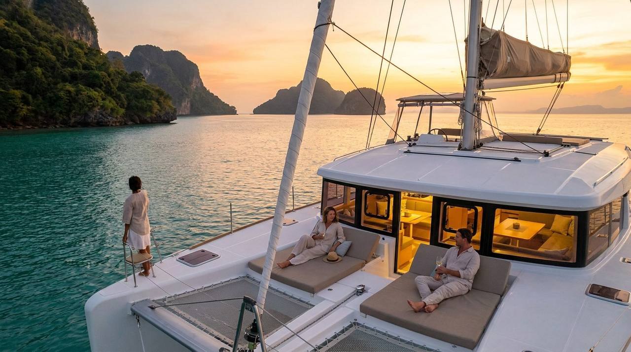 Catamaran at anchor in the evening with cabin lights on, overnight charter in Phang Nga Bay