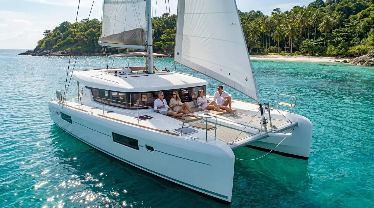 Lagoon 42 Silver Moon راسية في مياه فيروزية صافية قبالة شاطئ تحفّه النخيل في بوكيت