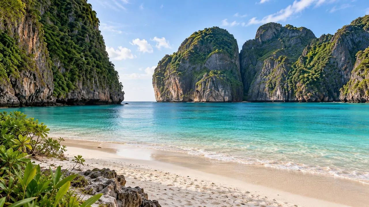 Pale sand and turquoise water of Maya Bay framed by limestone cliffs on Phi Phi Leh