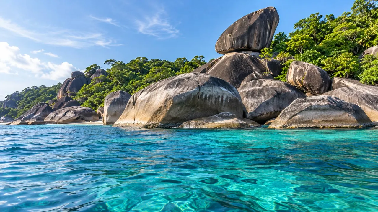 Smooth granite boulders and forested slopes rising from clear blue water in the Similan Islands