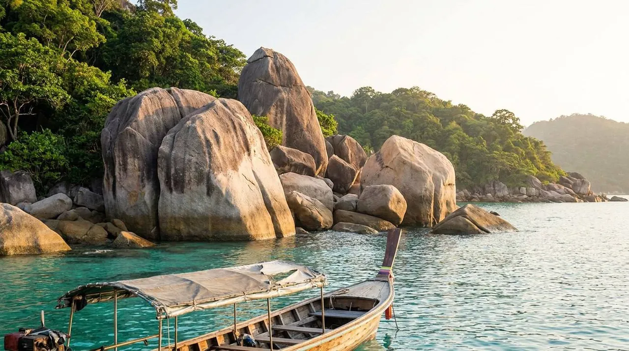 Wooden longtail boat moored beside large granite rocks in turquoise water