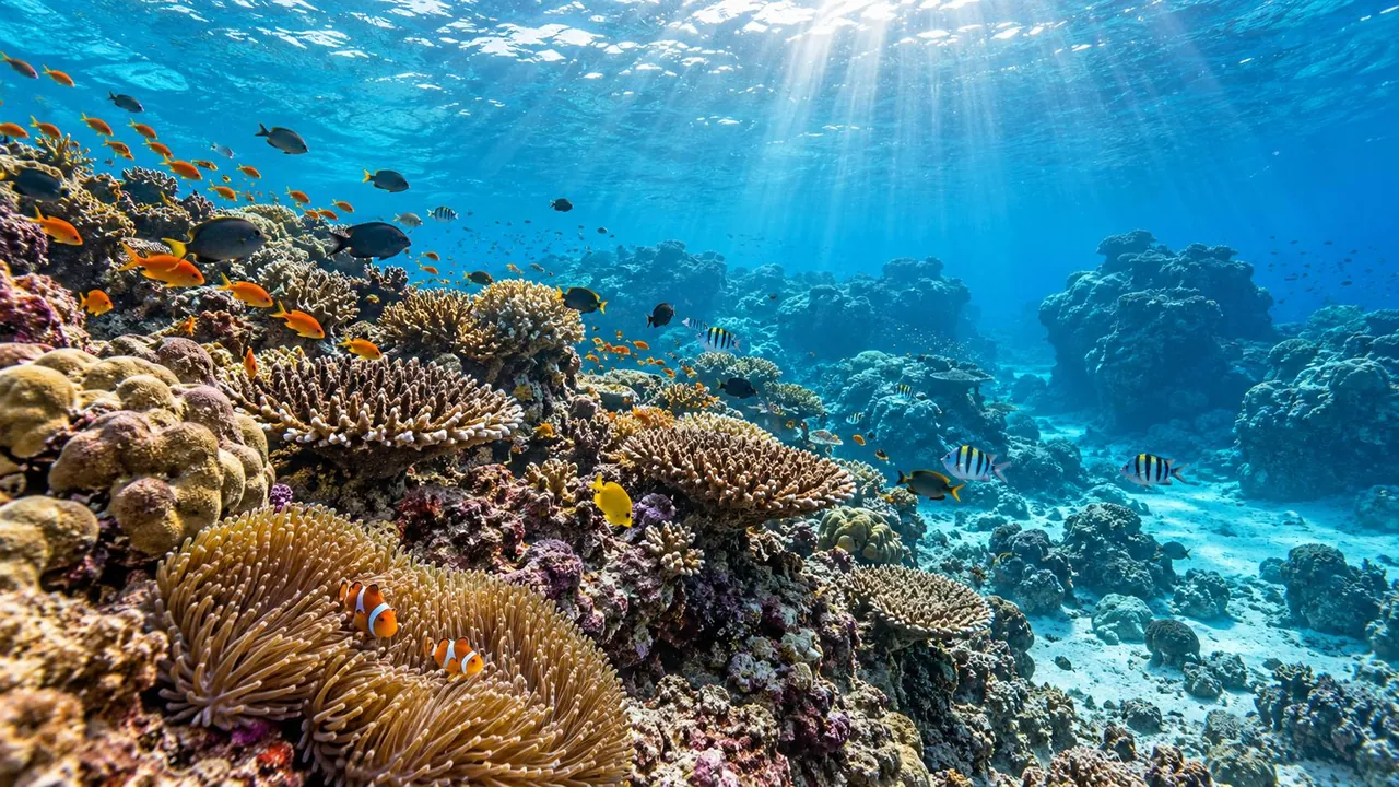 Clownfish in an anemone on a coral reef with schools of tropical fish in the Andaman Sea