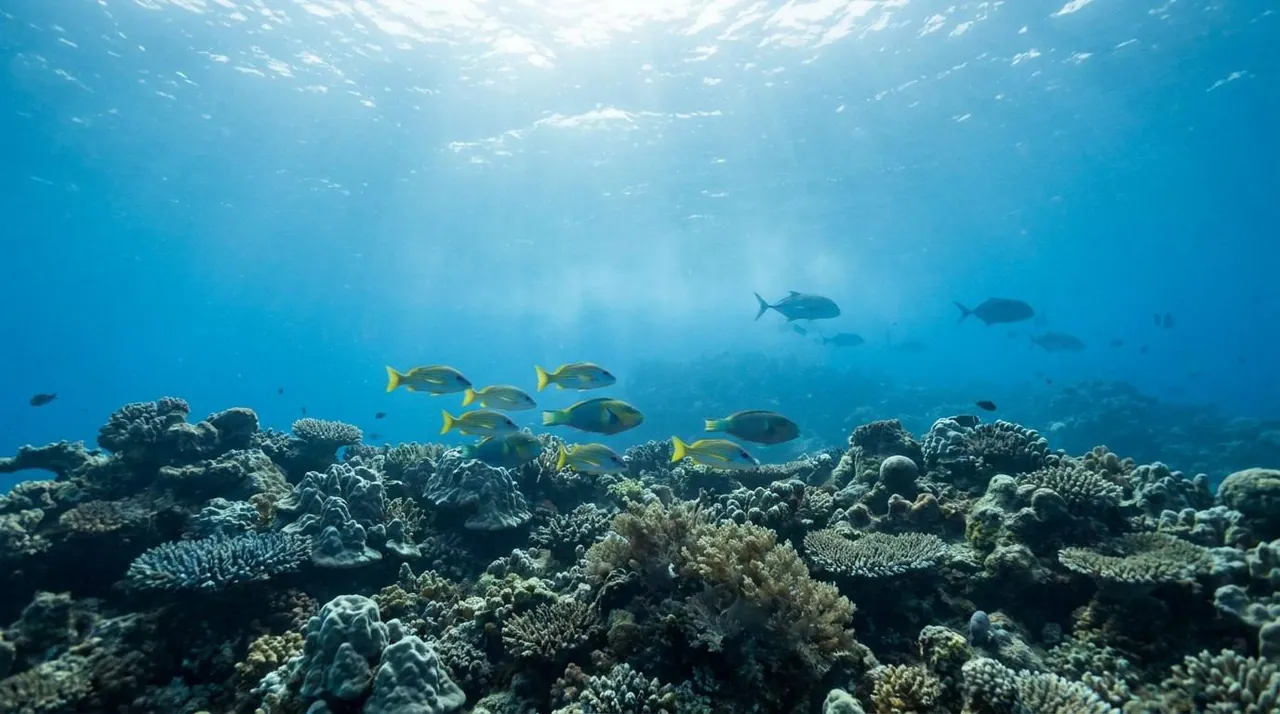 Yellow-striped fish swimming over a coral reef in deep blue water