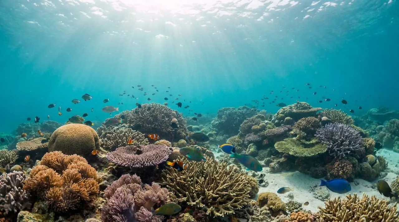 Sunlight over a coral garden with parrotfish and reef fish in shallow Andaman water