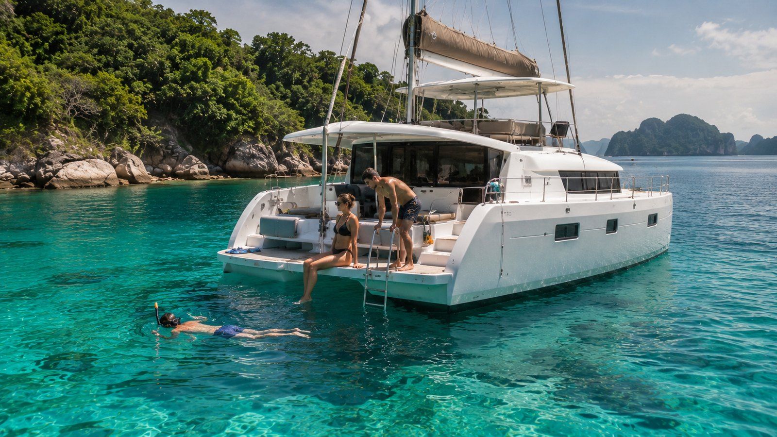 Guests watching a snorkeler from the stern platform of a private catamaran
